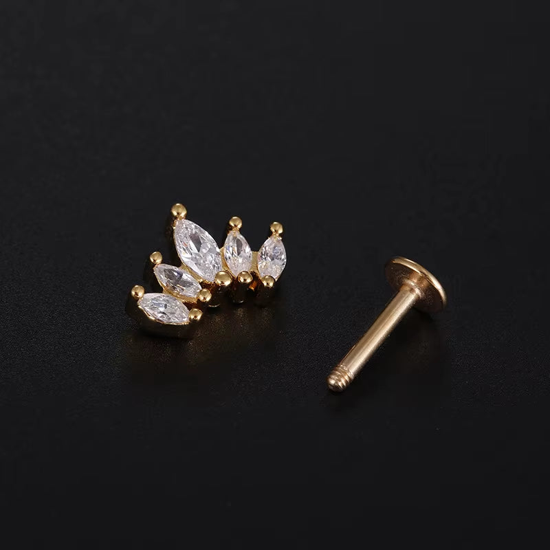 1Piece 1.2Mm Heart Flower Crown Cartilage Earrings Stainless Steel Zircon Conch Rook Tragus Stud Labret Back Piercing Jewelry