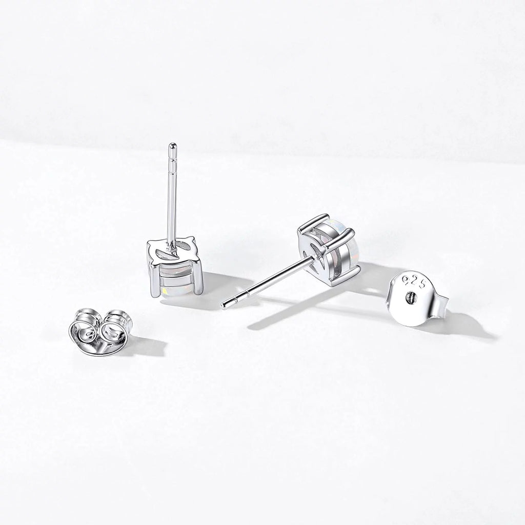 5Mm Created White Opal Stud Earrings Hypoallergenic Sterling Silver round Cut Earrings for Women October Birthstone Jewelry