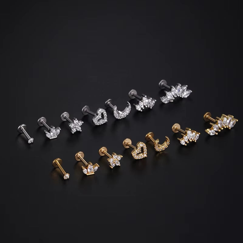 1Piece 1.2Mm Heart Flower Crown Cartilage Earrings Stainless Steel Zircon Conch Rook Tragus Stud Labret Back Piercing Jewelry