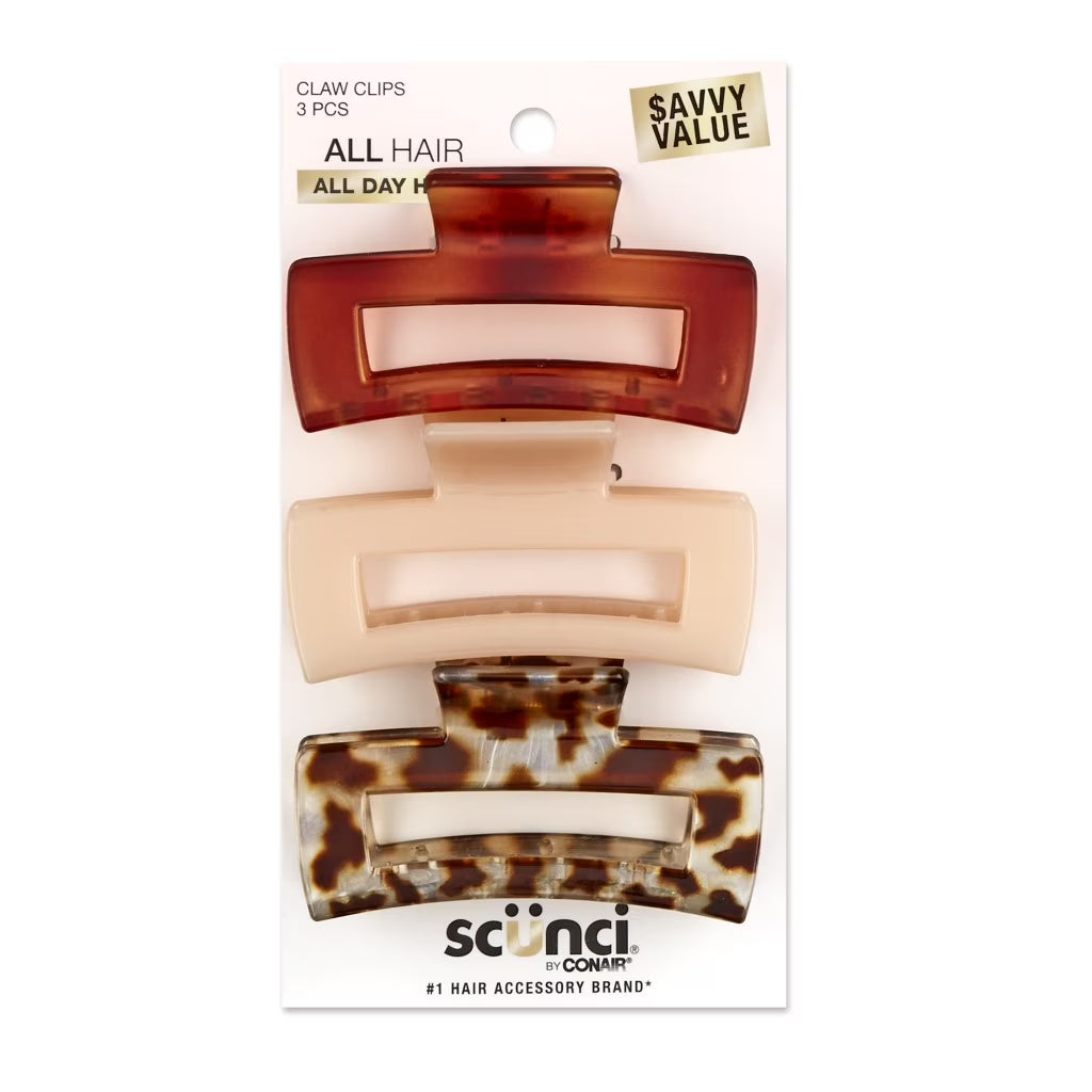 Open Cut Rectangular Claw Clip, Multicolor, 3 Count