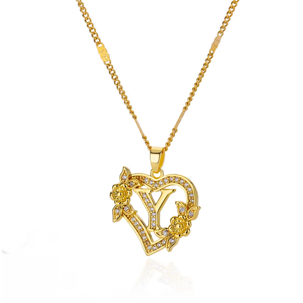 Zircon Flower Heart Initials Necklaces for Women Stainless Steel Heart Lover Gold Color Letter Chain Collar Necklace Jewelry
