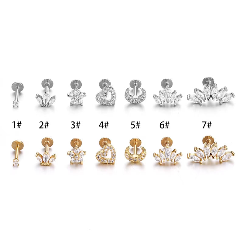 1Piece 1.2Mm Heart Flower Crown Cartilage Earrings Stainless Steel Zircon Conch Rook Tragus Stud Labret Back Piercing Jewelry