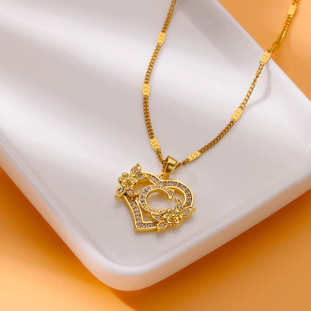 Zircon Flower Heart Initials Necklaces for Women Stainless Steel Heart Lover Gold Color Letter Chain Collar Necklace Jewelry