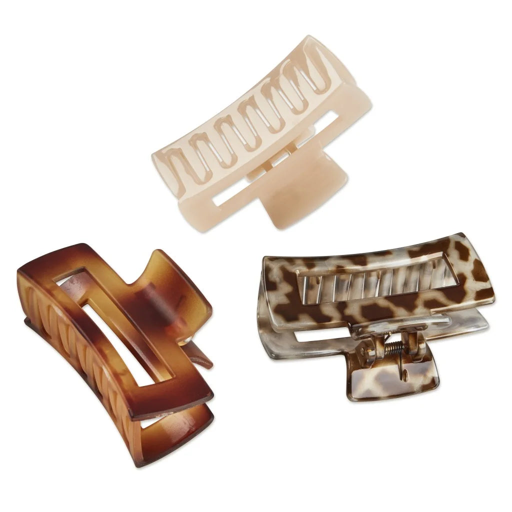 Open Cut Rectangular Claw Clip, Multicolor, 3 Count