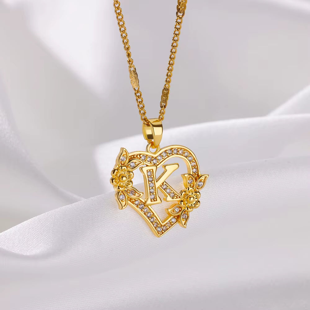 Zircon Flower Heart Initials Necklaces for Women Stainless Steel Heart Lover Gold Color Letter Chain Collar Necklace Jewelry
