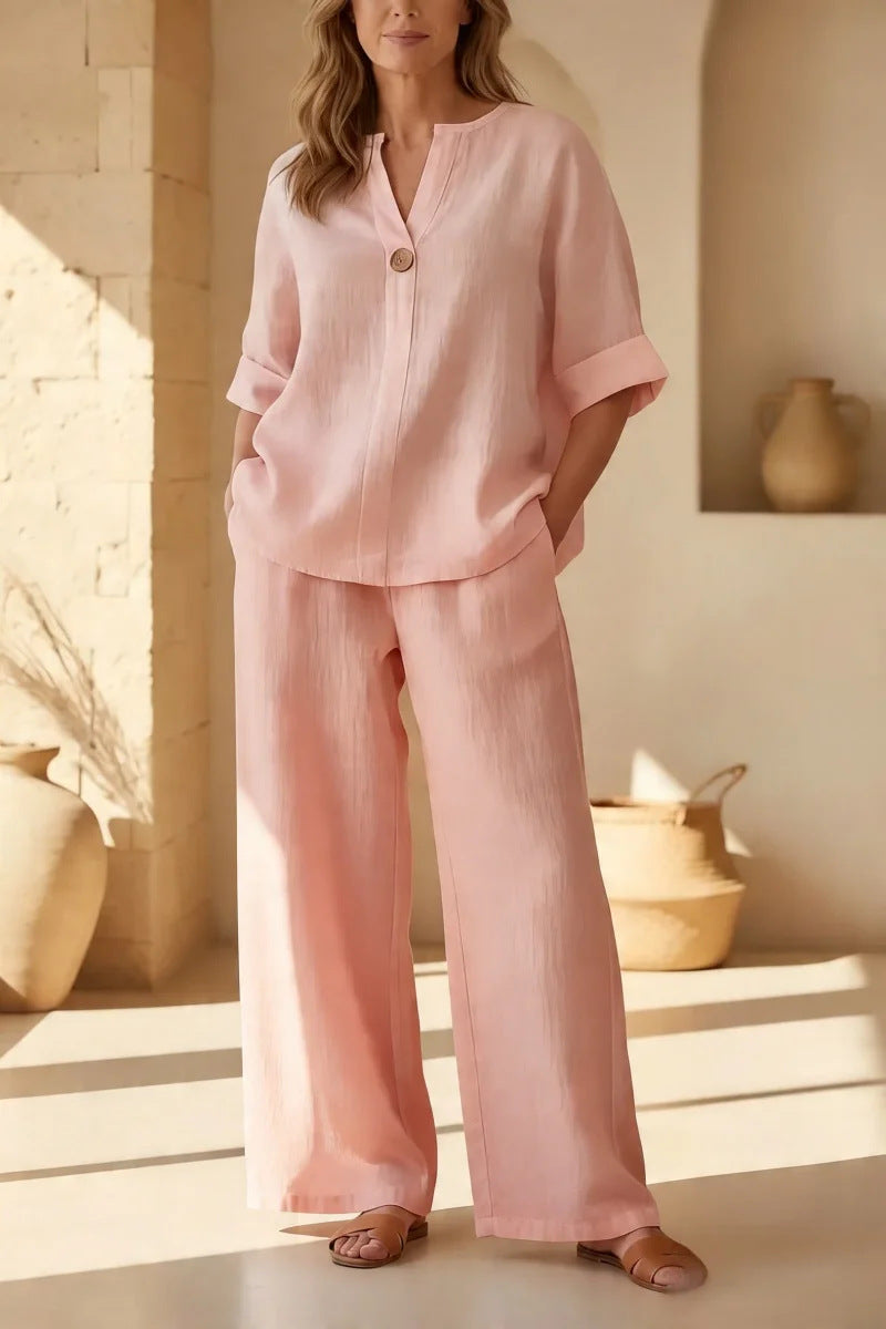 Womens Solid Color V-Neck Three-Quarter Sleeve Pants Casual Set