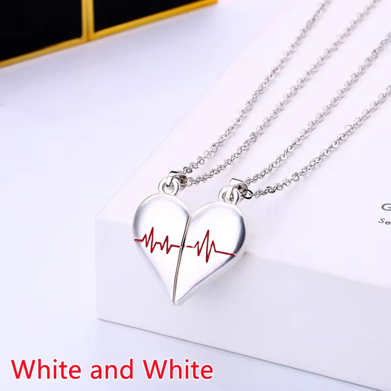 Good Simple Quality Couple Pendant Necklace Electrocardiogram,Magnetic Heart,Pendant Splicing Necklace Valentine'S Day Gift