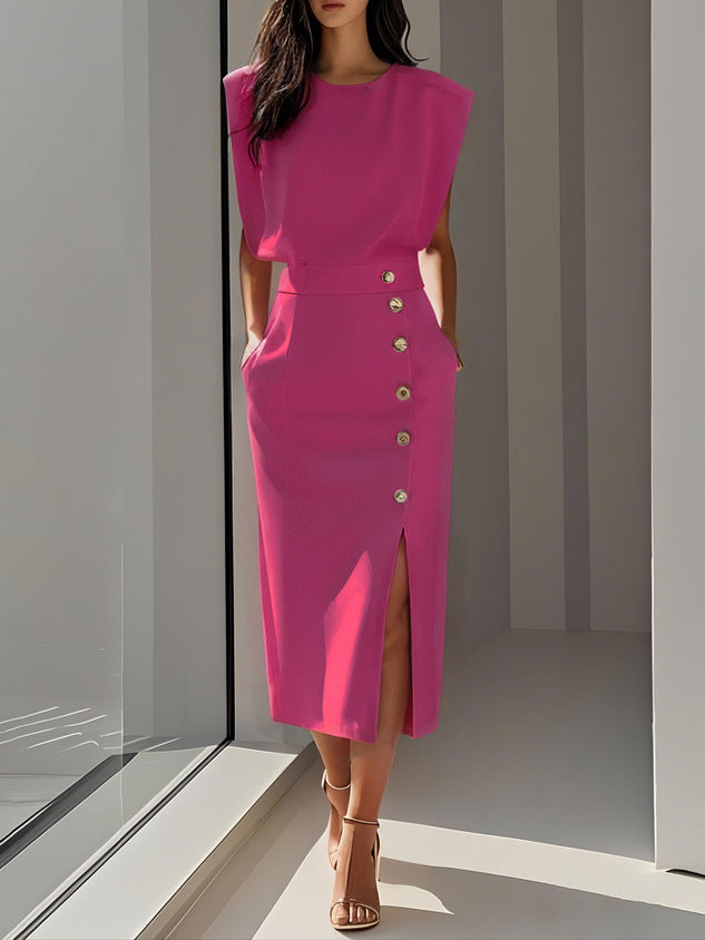 Women's Summer Split Dress With Buttons Casual Sleeveless Midi Dress Clothing