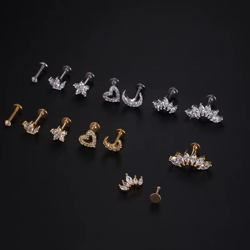 1Piece 1.2Mm Heart Flower Crown Cartilage Earrings Stainless Steel Zircon Conch Rook Tragus Stud Labret Back Piercing Jewelry
