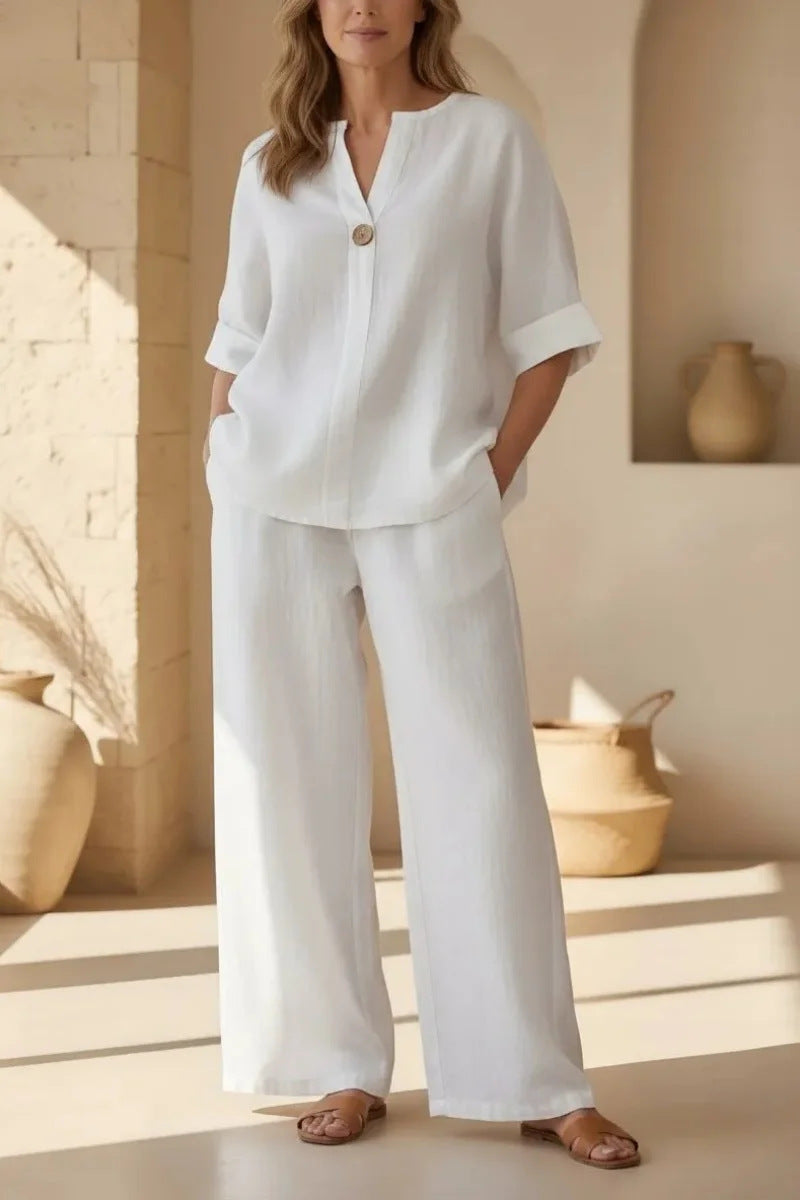 Womens Solid Color V-Neck Three-Quarter Sleeve Pants Casual Set