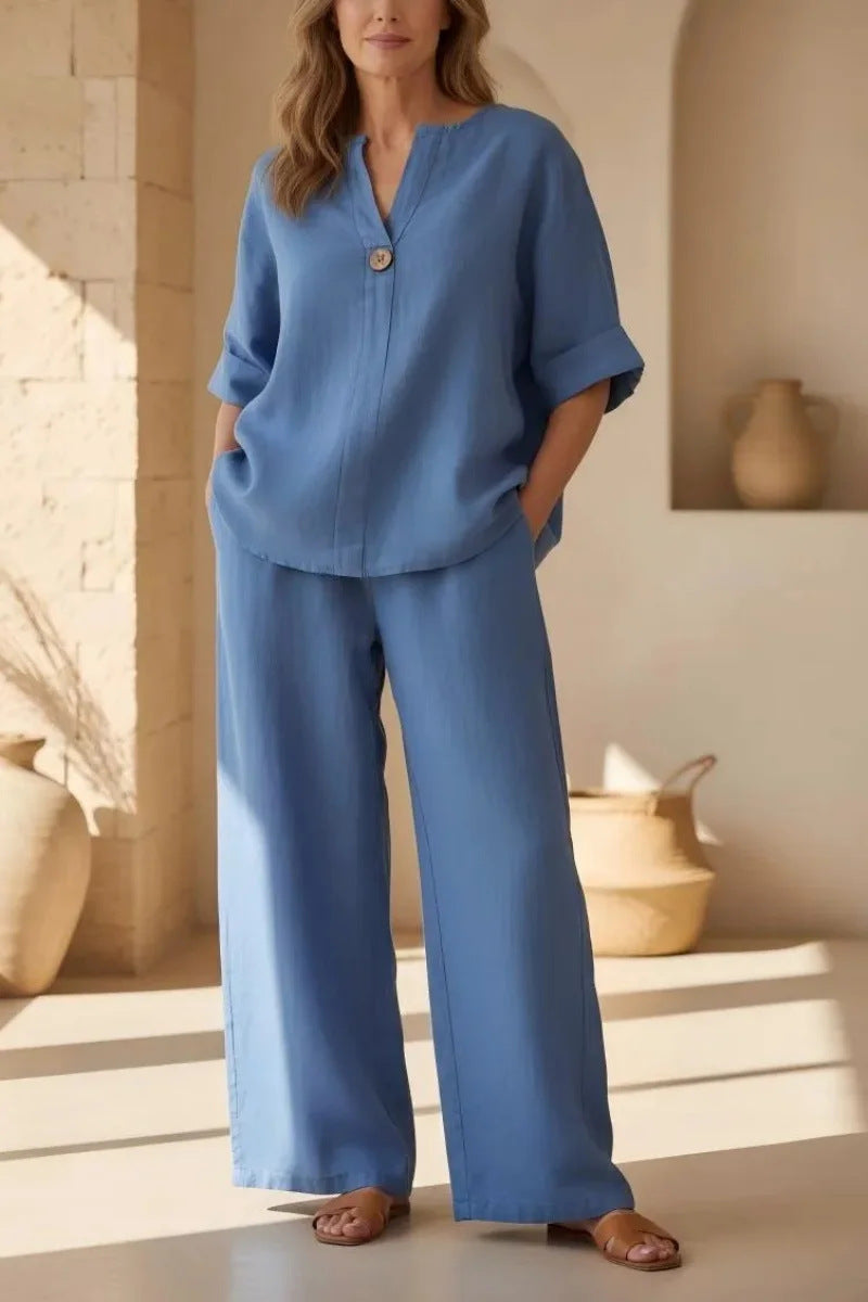 Womens Solid Color V-Neck Three-Quarter Sleeve Pants Casual Set