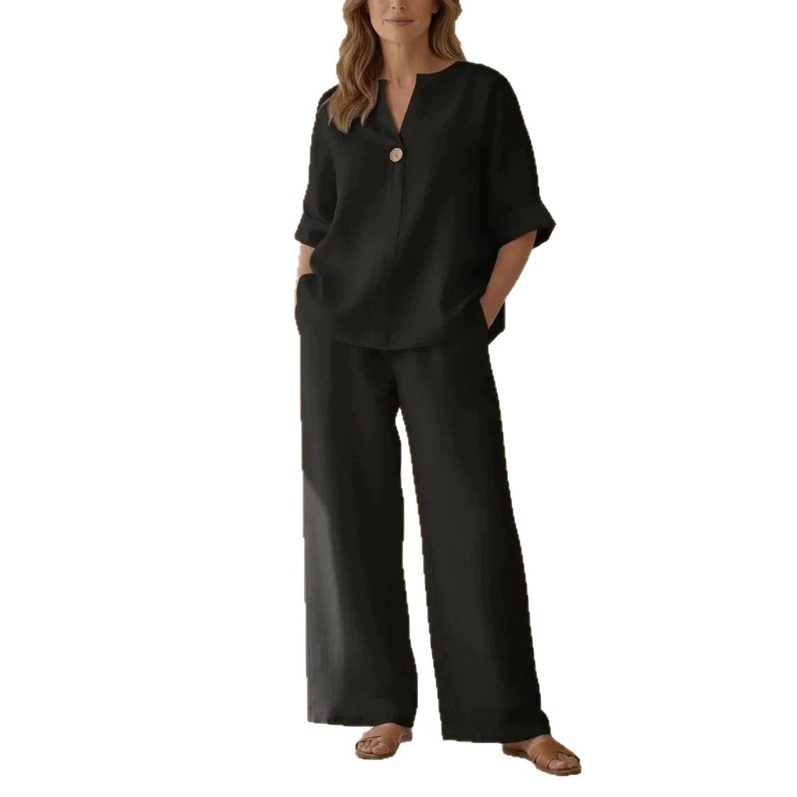 Womens Solid Color V-Neck Three-Quarter Sleeve Pants Casual Set
