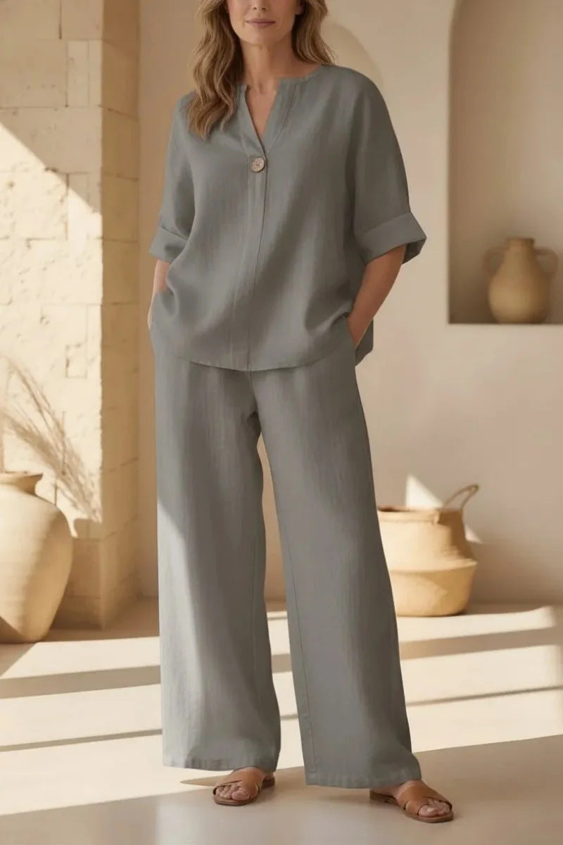 Womens Solid Color V-Neck Three-Quarter Sleeve Pants Casual Set