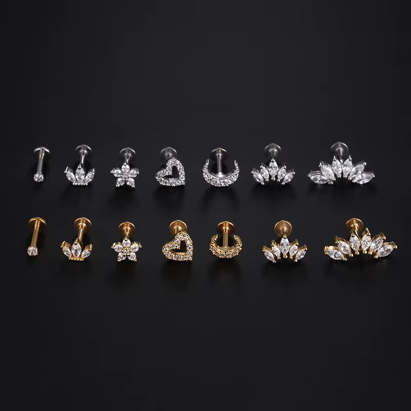 1Piece 1.2Mm Heart Flower Crown Cartilage Earrings Stainless Steel Zircon Conch Rook Tragus Stud Labret Back Piercing Jewelry