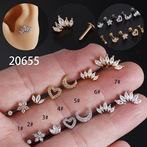 1Piece 1.2Mm Heart Flower Crown Cartilage Earrings Stainless Steel Zircon Conch Rook Tragus Stud Labret Back Piercing Jewelry